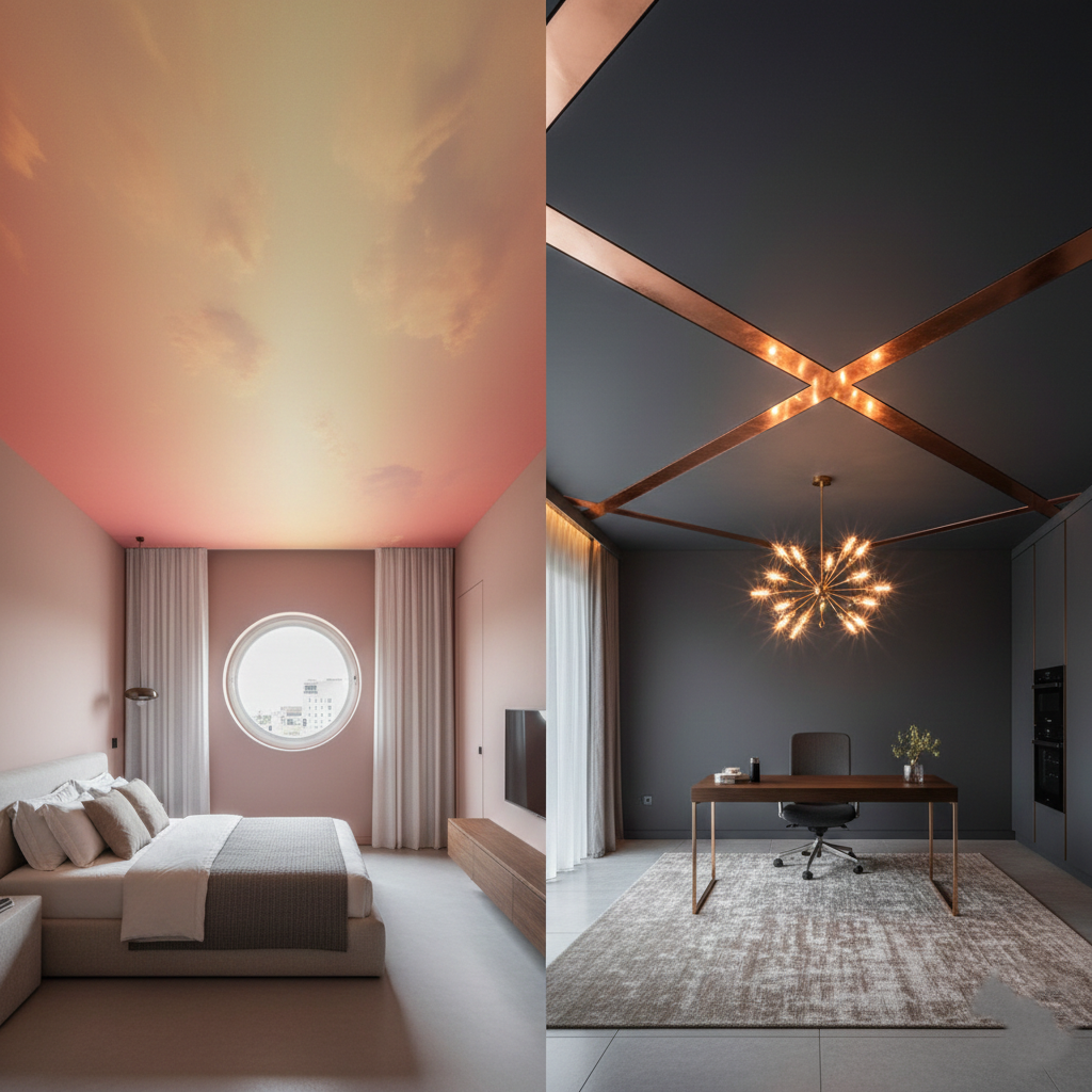 Realistic blue sky mural with soft white clouds painted on a living room ceiling.