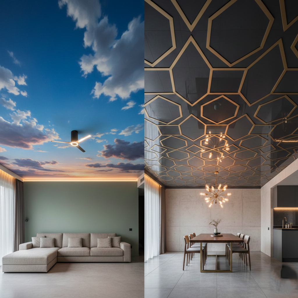 Modern geometric hexagon patterns in gold and grey on a bedroom ceiling.